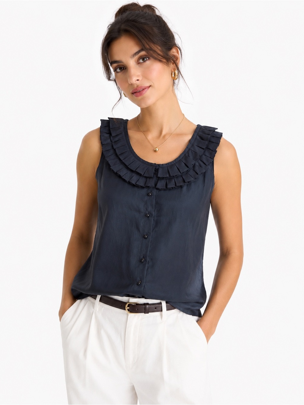 J. Crew Navy Silk Blend Ruffle Neck Sleeveless Blouse Tank Top 0